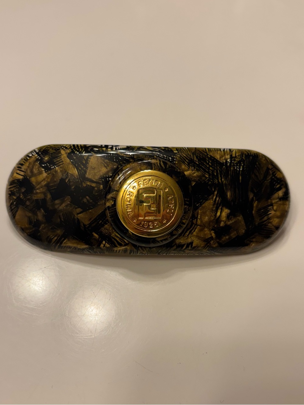 Vintage Fendi Black and Brown Tortoiseshell Hair Clip with Gold Fendi Medallion